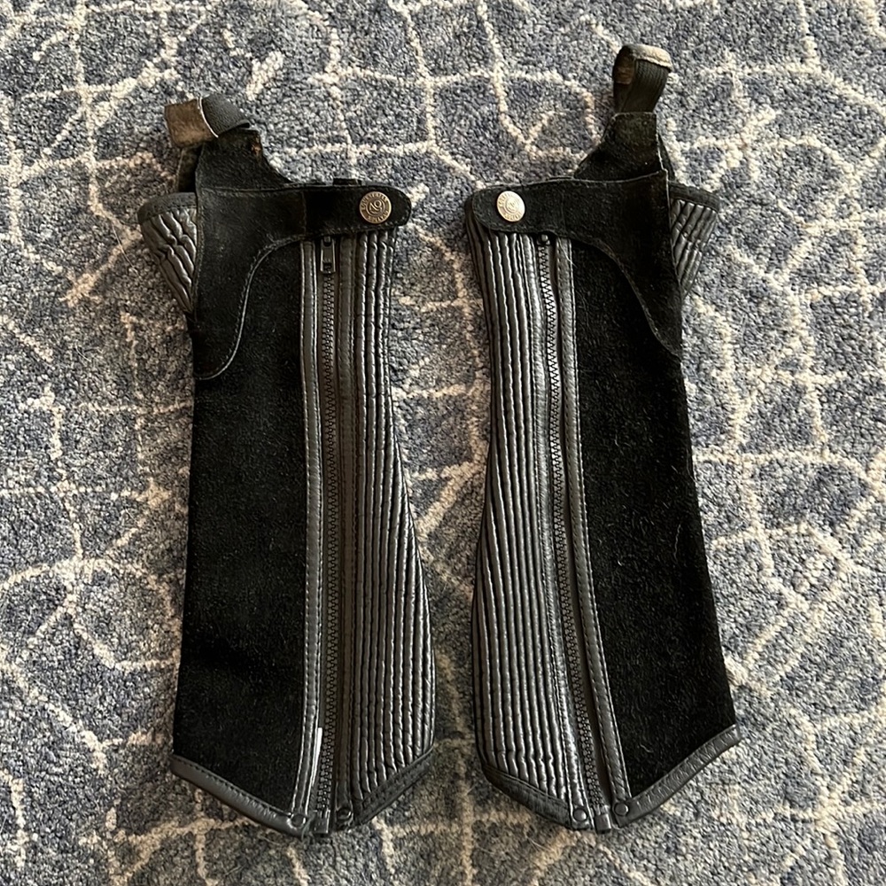 Kids Suede Half Chaps for equestrian riding. Brand is Ovation.